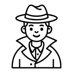 Detective Character Icon in Trench Coat and Hat Outline