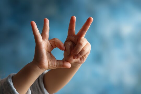 Symbolic equal hands gesture made by a child against a soft blue background representing unity and peace in childhood exploration - Powered by Adobe