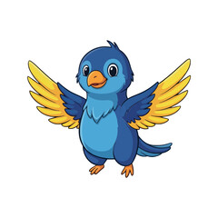 Cute Cartoon Blue Bird With Yellow Wings Open and Flying Vector Sticker Illustration