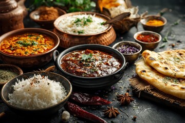 Delicious assortment of Indian cuisine featuring rice, dal, naan, and flavorful curries for a satisfying lunch or dinner