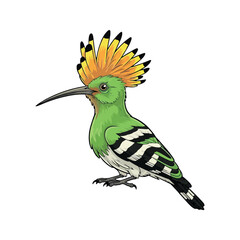 Beautiful Green Hoopoe Bird with Orange Crest Vector Sticker Design Illustration