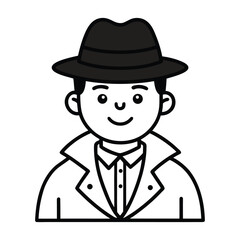 Detective Character Icon in Hat and Trench Coat Line Art