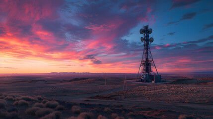radio transmitter  tower at sunset in desert
