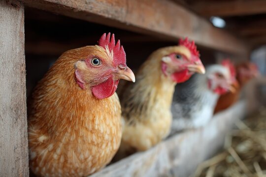Hens in a rustic chicken coop at a farm, showcasing a tranquil morning with vibrant feathers and attentive expressions
