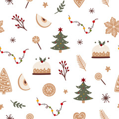 Beautiful Christmas doodle seamless pattern, hand drawn pattern, great for Christmas textiles, banners, wrappers, wallpapers - vector surface. Christmas elements.	