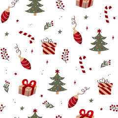 Beautiful Christmas doodle seamless pattern, hand drawn pattern, great for Christmas textiles, banners, wrappers, wallpapers - vector surface. Christmas elements.	
