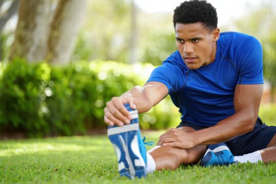 Young athletic man stretching his leg outdoors on the grass during a workout