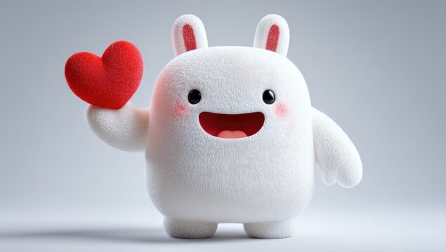 Cute white plush rabbit holding a red heart