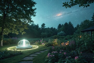 Enchanting Night Garden With Glowing Fountain Under Starry Sky