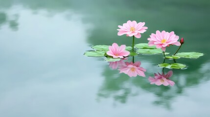 Serene Pink Lotus Flowers Blossoming on Tranquil Water Surface