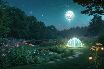 Illuminated Garden at Night With Glowing Dome Under a Full Moon