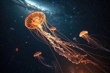 Underwater Jellyfish Swimming Through a Cosmic Ocean at Night