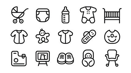 Baby items collection including stroller diaper bottle clothing and crib vector