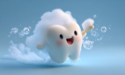 Cartoon tooth brushing, happy tooth character,  bubbles and foam
