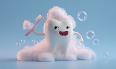 Cute cartoon tooth brushing with bubbles