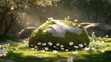Serene Rock Surrounded by White Flowers in Tranquil Garden Setting