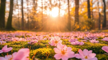 Serene Spring Landscape with Pink Flowers and Soft Sunlight Glow