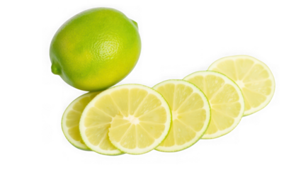 A vibrant green lime with several thin slices arranged in a curve, isolated on a transparent background