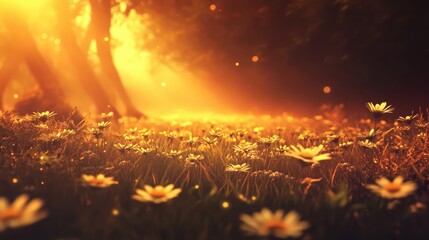 Serene Summer Meadow with Daisies Bathed in Golden Sunlight