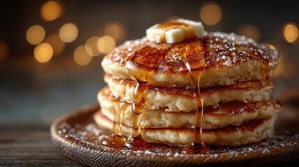 Golden buttermilk pancakes with warm maple syrup