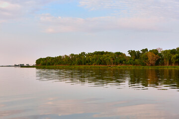 Tree-covered riverbank reflecting in calm water