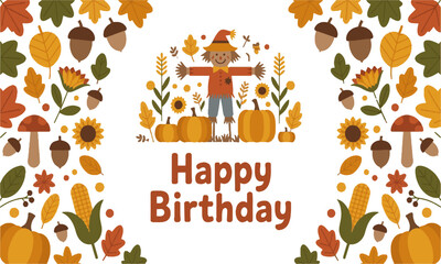 Modern vector illustration featuring autumn-themed elements,  such as a pumpkin, maple leaves, acorns, sunflower, mushroom, corn, and a scarecrow, easily editable.