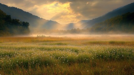 Serene Sunrise Over Misty Valley with Flowers and Mountains