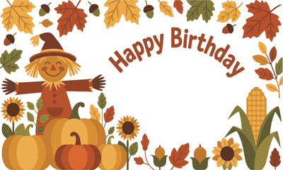 Modern vector illustration featuring autumn-themed elements,  such as a pumpkin, maple leaves, acorns, sunflower, mushroom, corn, and a scarecrow, easily editable.