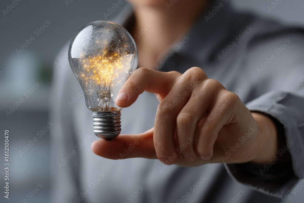 Poster exploring innovative ideas with a glowing light bulb held in hand during a brainstorming session