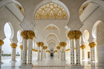 Beautiful Architectural Details in a Grand Mosque Corridor at Sunset