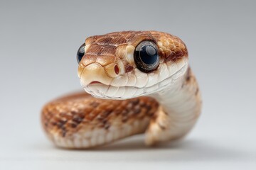 Fototapeta premium Cute baby snake with large expressive eyes exploring its surroundings, showcasing intricate details of its skin texture and vibrant colors during a sunny afternoon