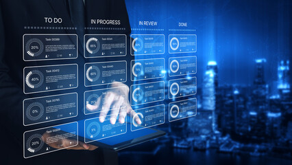 Task management tool dashboard showing kanban-style workflow with columns for to do, in progress,...