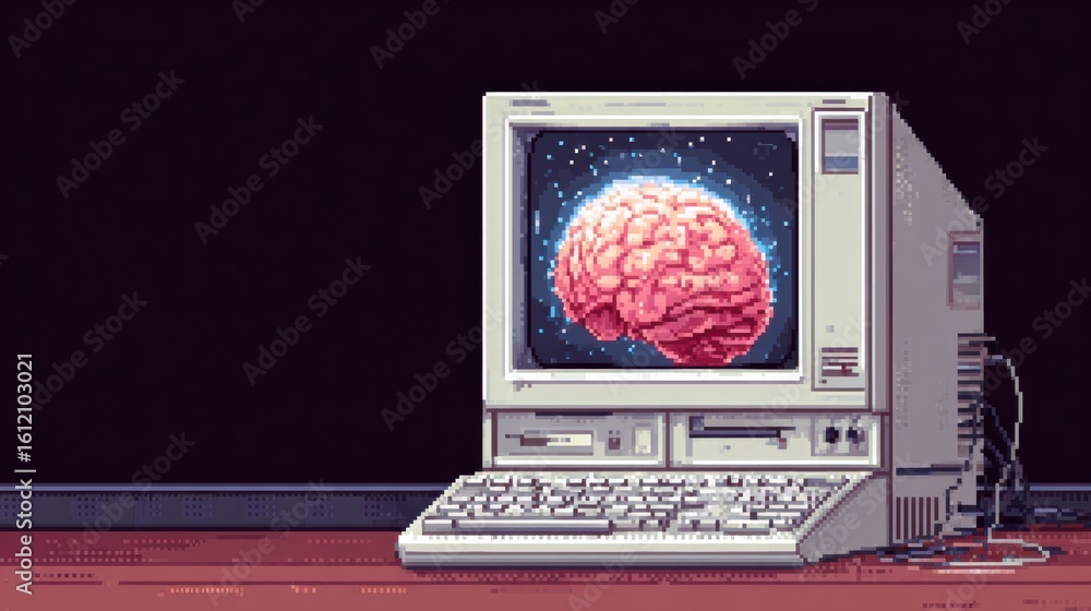 Poster pixel art brain glowing on a retro computer screen in a dimly lit room with empty space