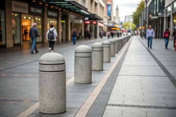 City Street Lined With Concrete Bollards and Shoppers on a Busy Day