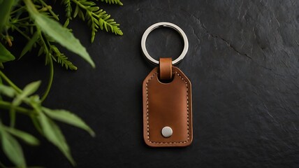 Blank price tag hanging on wooden background with keychain and metal key elements nearby