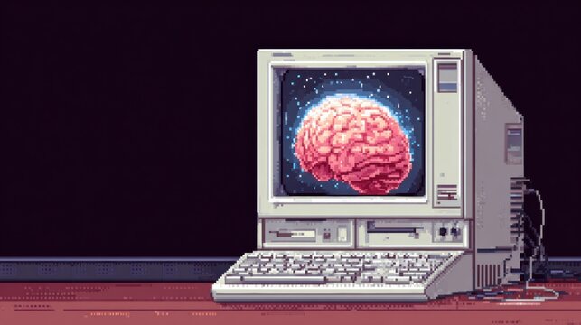 Pixel Art Brain Glowing on a Retro Computer Screen in a Dimly Lit Room With Empty Space