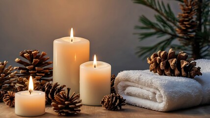 Christmas still life with burning candle and pine cones decoration