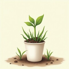 Digital Illustration of Young Plant in Pot with Soil - Eco-Friendly Botanical Scene