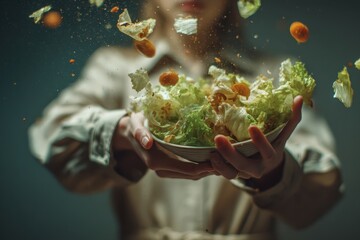 Woman discarding salad leftovers while capturing the moment of food waste in a kitchen setting