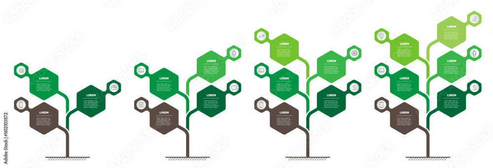 Poster creative tree infographic design with hexagonal leafs, growth stages and icons. perfect vector templ