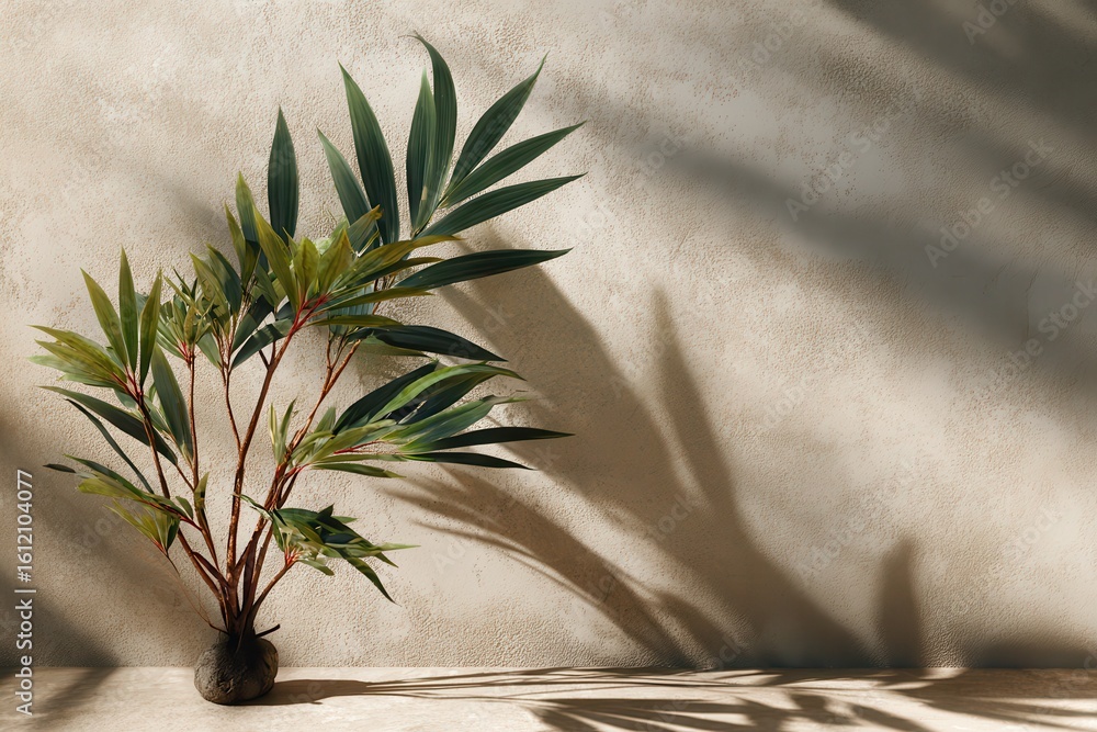 Aufkleber minimalistic display of a palm plant casting intricate shadows on a textured wall in a serene indoor