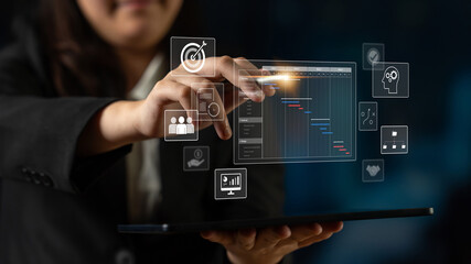 Project management dashboard showing timeline, tasks, milestones, and workflows for planning,...