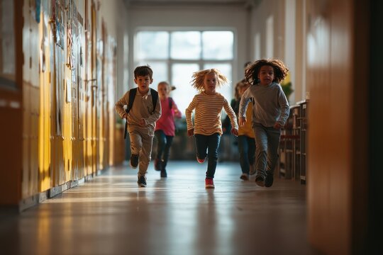 Group of elementary school kids running through the brightly lit hallway during recess at school in the afternoon