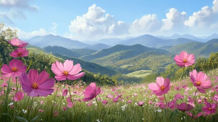 Obraz premium Vibrant Flower Field with Mountains and Blue Sky in Background