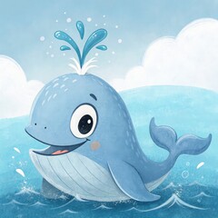 A friendly blue whale calf with a soft, rounded body and big, cheerful eyes. The whale has a tiny water spout on its head, gently spraying water in the air. Its wide, toothless smile