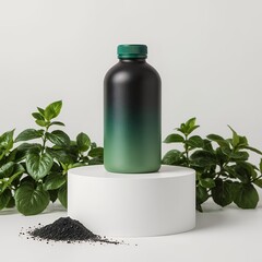 Black humic acid liquid fertilizer bottle with green plants and soil on white background