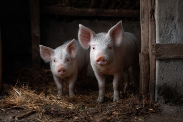 Two pigs standing in a barn, surrounded by straw in a rustic setting with dim lighting during the day