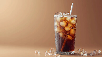 Refreshing cola drink with ice cubes and straw cold beverage photography for summer drinks and refreshment