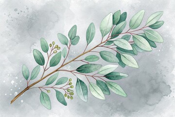 Green Leafy Branch on a Soft Gray Background With a Watercolor Effect