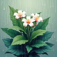 Digital Illustration of Flowering Plant with Rainfall – Botanical Art and Nature Scene